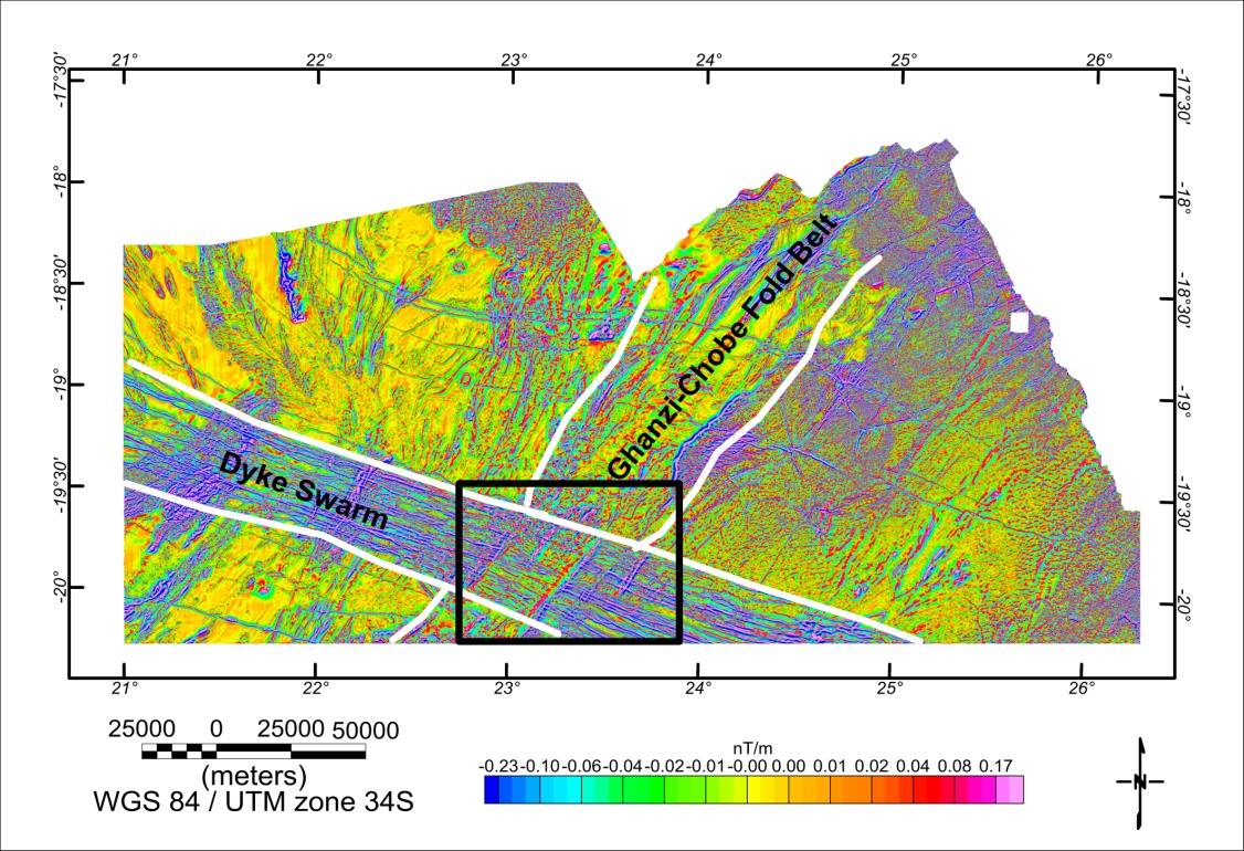 First vertical derivative anomaly map of the Northern part of Botswana Including the Okavango Rift Zone. The box shows the selected area to detail investigation shown in Figure 3